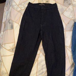 Dark washed, super-high waisted, skinny Jean